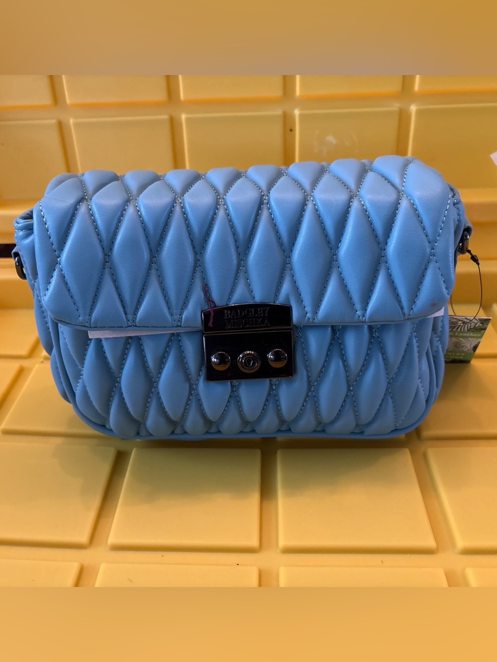 Badgley Mischka Light Blue Mini Quilted Messenger Bag with Silver Hardware